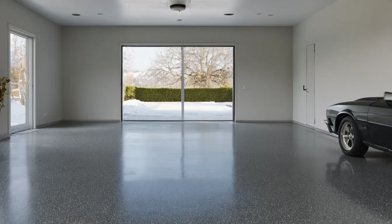 Clean glossy epoxy garage floor with decorative flakes in a home near Lake Grove