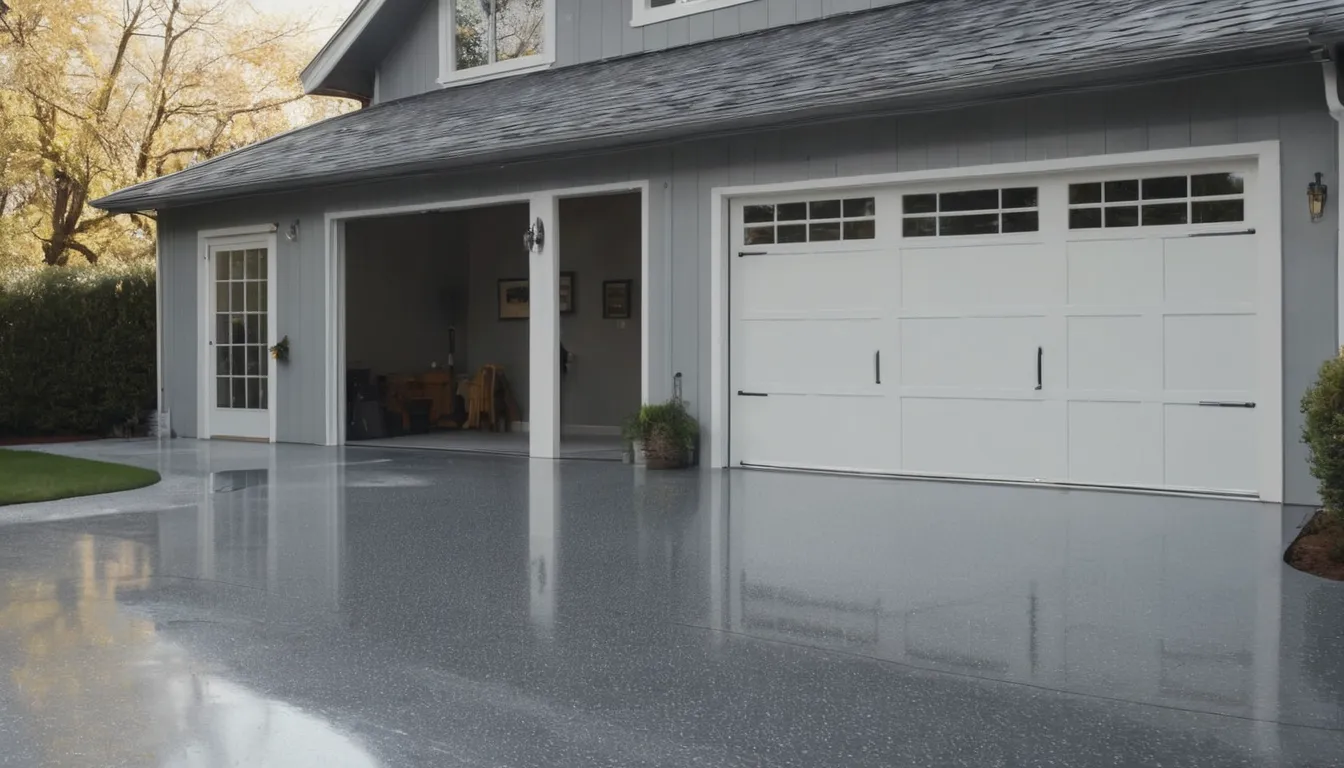 A freshly coated epoxy garage floor in a home near Lake Grove